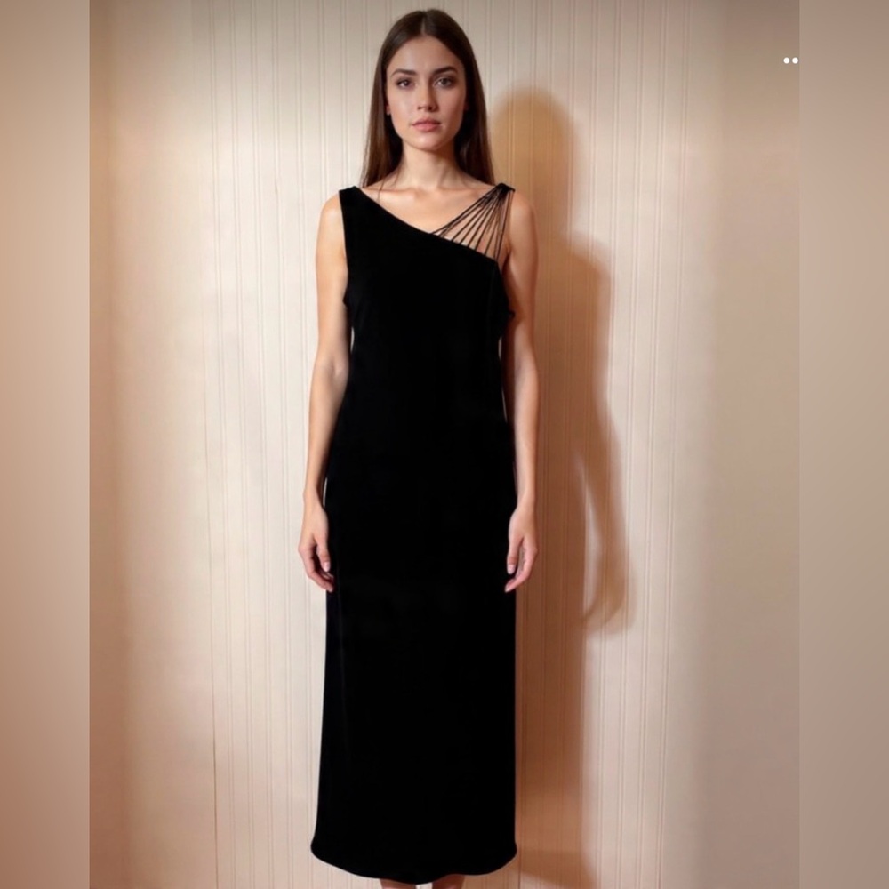 Evan Picone Black One-Shoulder Dress with Strappy Detail‎ Sz 12